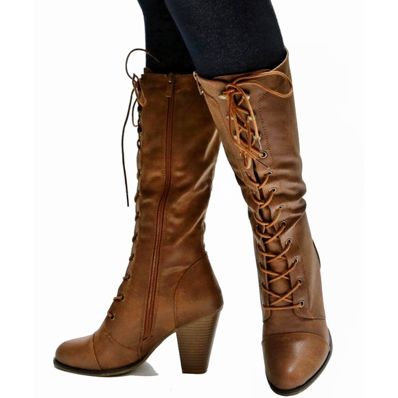 New Tan Combat Lace Up Mid-Calf High Heel Boots - Picture 2 of 3